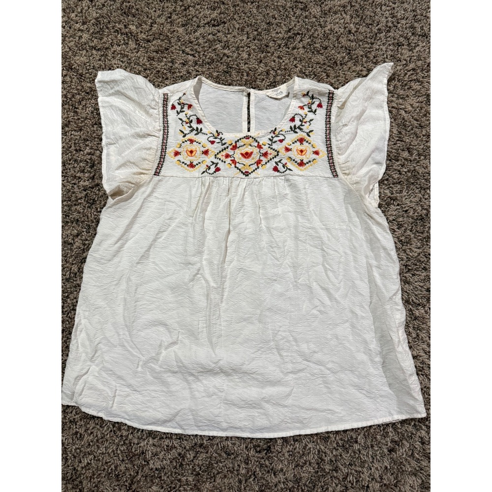 Perch Blu Pepper Embroidered Boho Flutter Sleeve Peasant Top Indie Minimalist